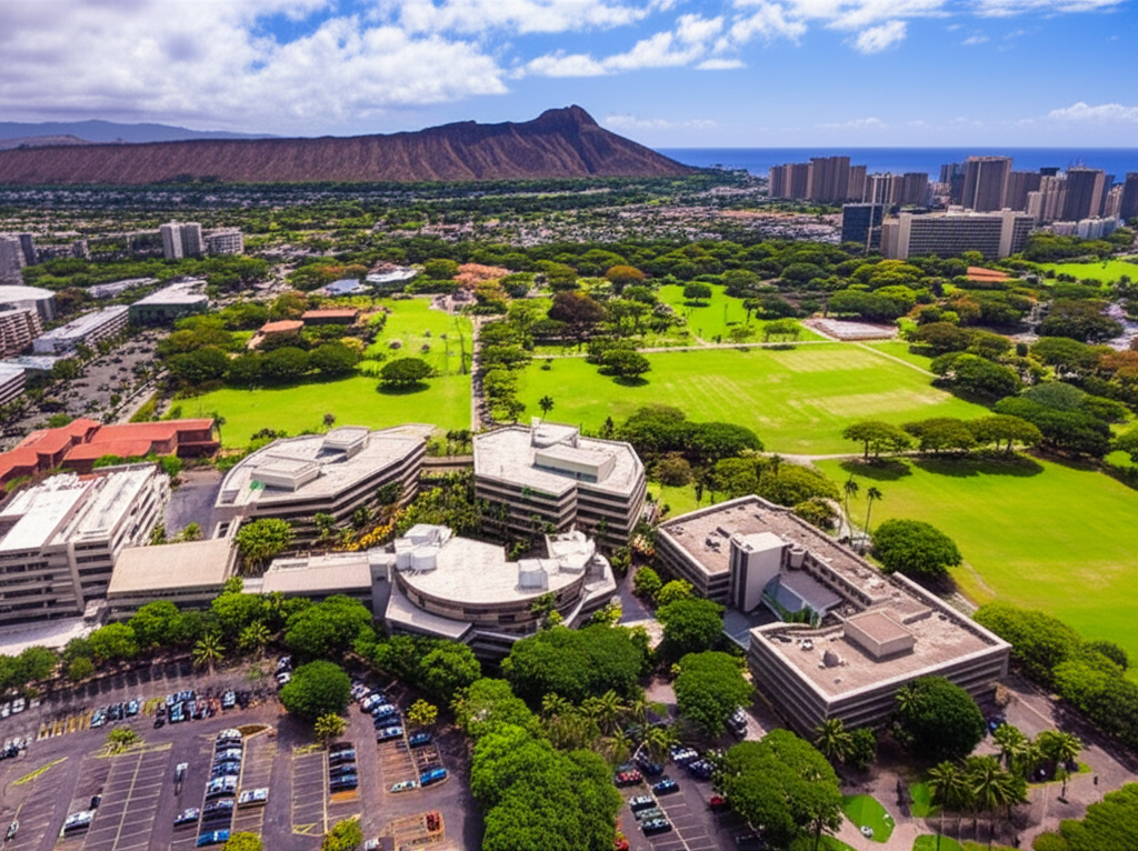 ダイヤモンドヘッドを背景にしたKCCキャンパスの航空写真