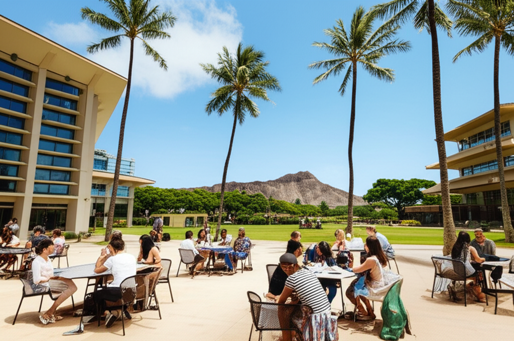 ダイヤモンドヘッドを背景にしたKCCキャンパスで学ぶ多様な学生たち